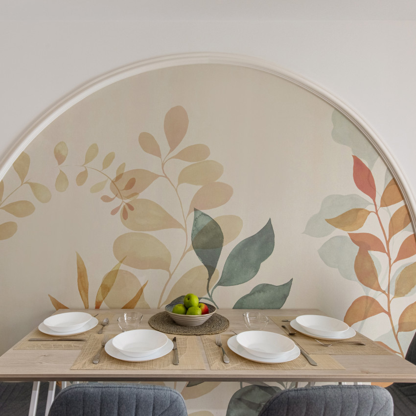 Fototapet cu design frunze stilizate în living