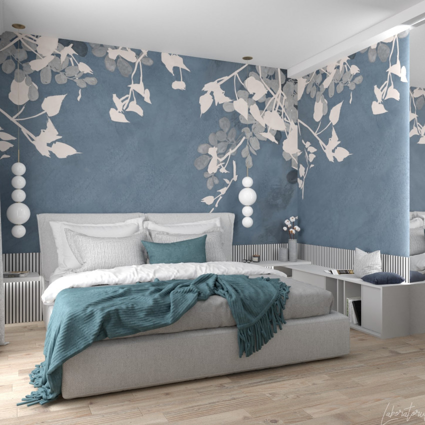 Tapet cu design minimalist, cu frunze albe pe un fundal albastru închis.