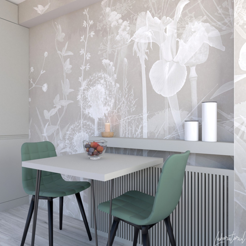Pentru baie Blanche, Variant 1 - Design minimalist cu flori delicate în nuanțe de gri deschis.