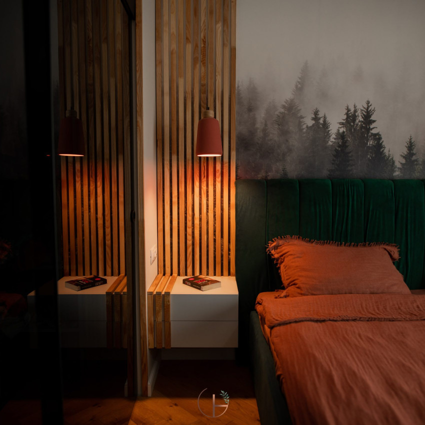 Fototapet cu pădure de brazi în ceață în living modern
