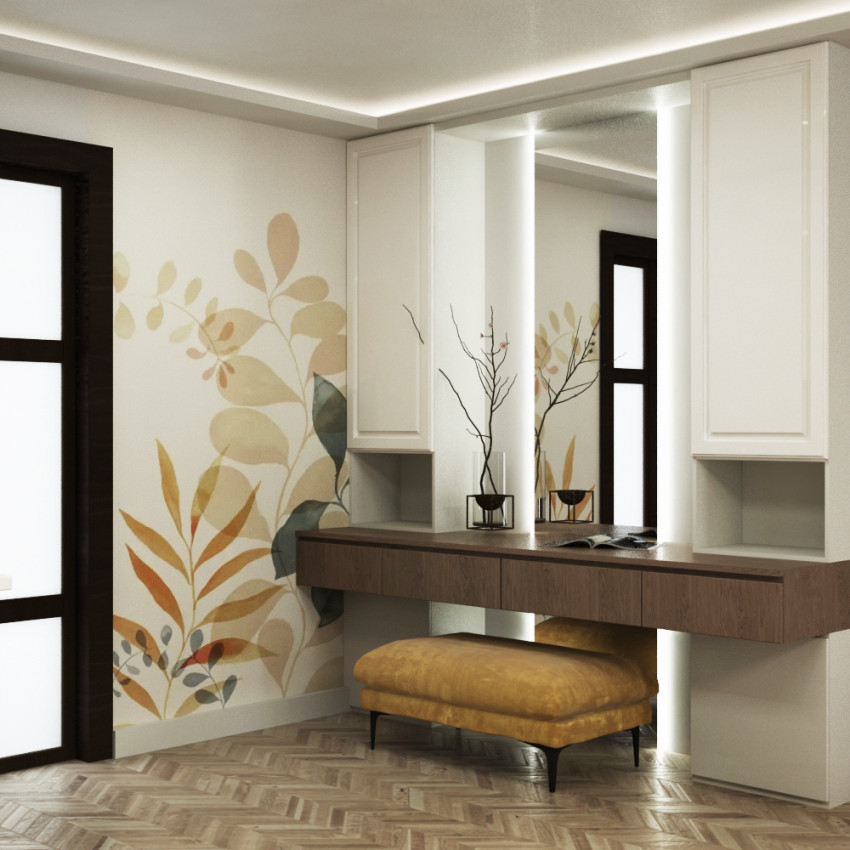 Fototapet cu design frunze stilizate în living