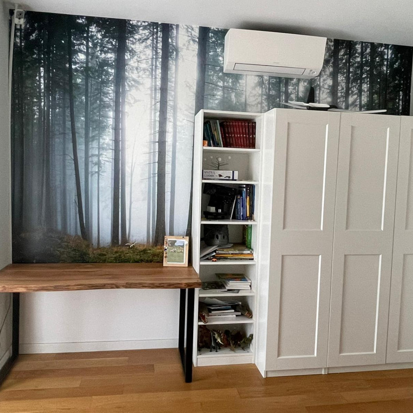 Tapet 3D cu design realist al unei păduri învăluite în ceață, perfect pentru hol, dormitor sau sufragerie.