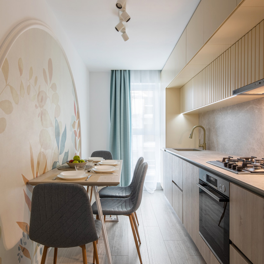 Fototapet cu design frunze stilizate în living