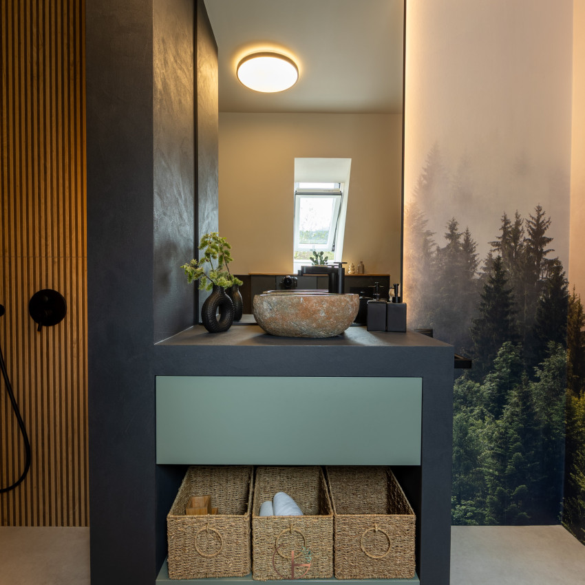 Fototapet cu pădure de brazi în ceață în living modern