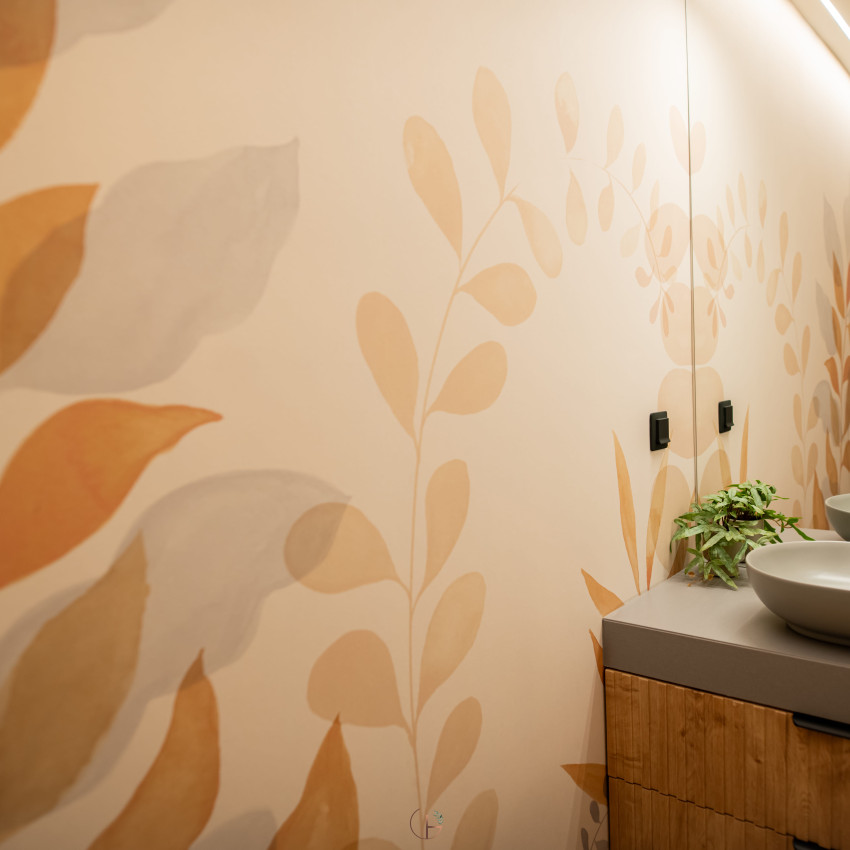 Fototapet cu design frunze stilizate în living