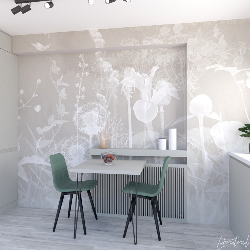Pentru baie Blanche, Variant 1 - Design minimalist cu flori delicate în nuanțe de gri deschis.