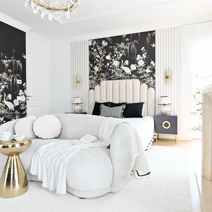 Tapet 3D alb cu linii aurii, design modern, living