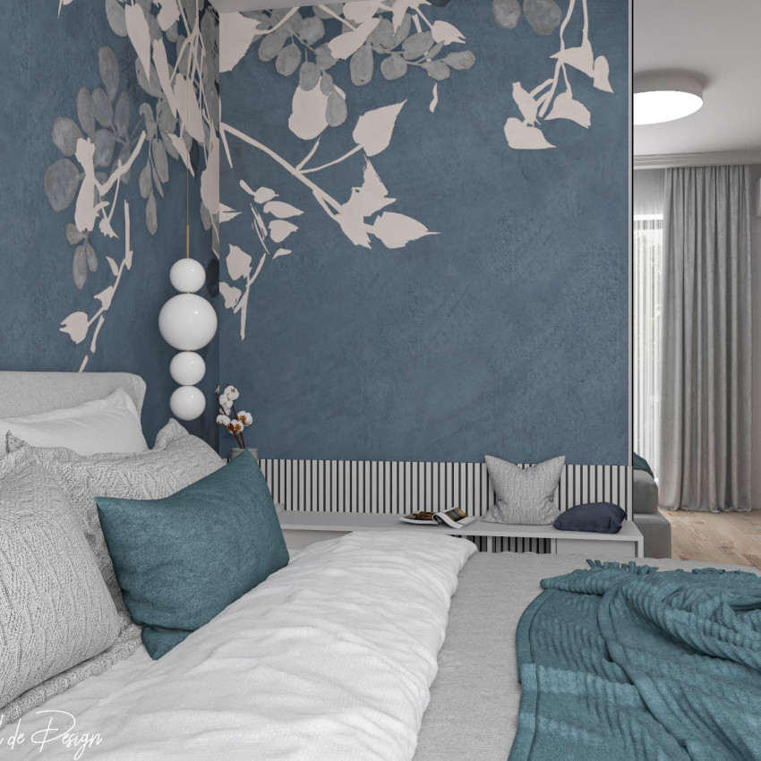 Tapet cu design minimalist, cu frunze albe pe un fundal albastru închis.