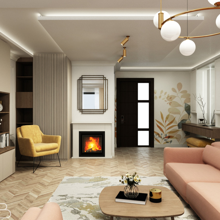 Fototapet cu design frunze stilizate în living
