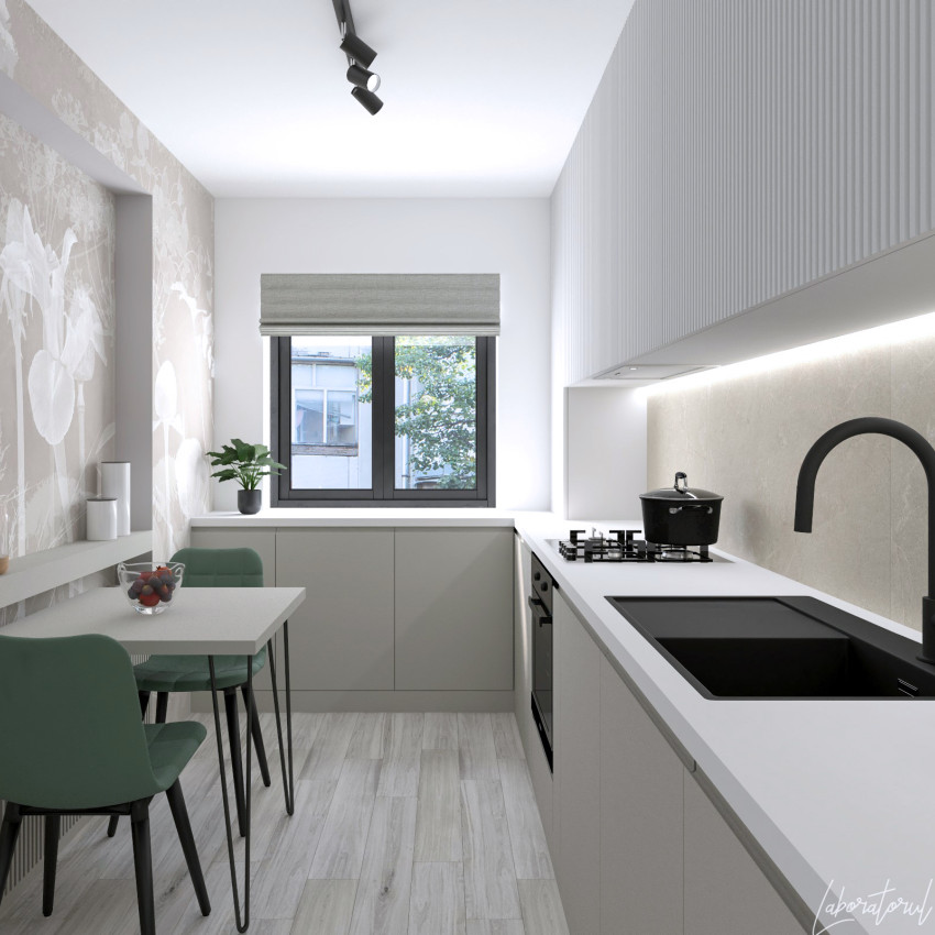 Pentru baie Blanche, Variant 1 - Design minimalist cu flori delicate în nuanțe de gri deschis.