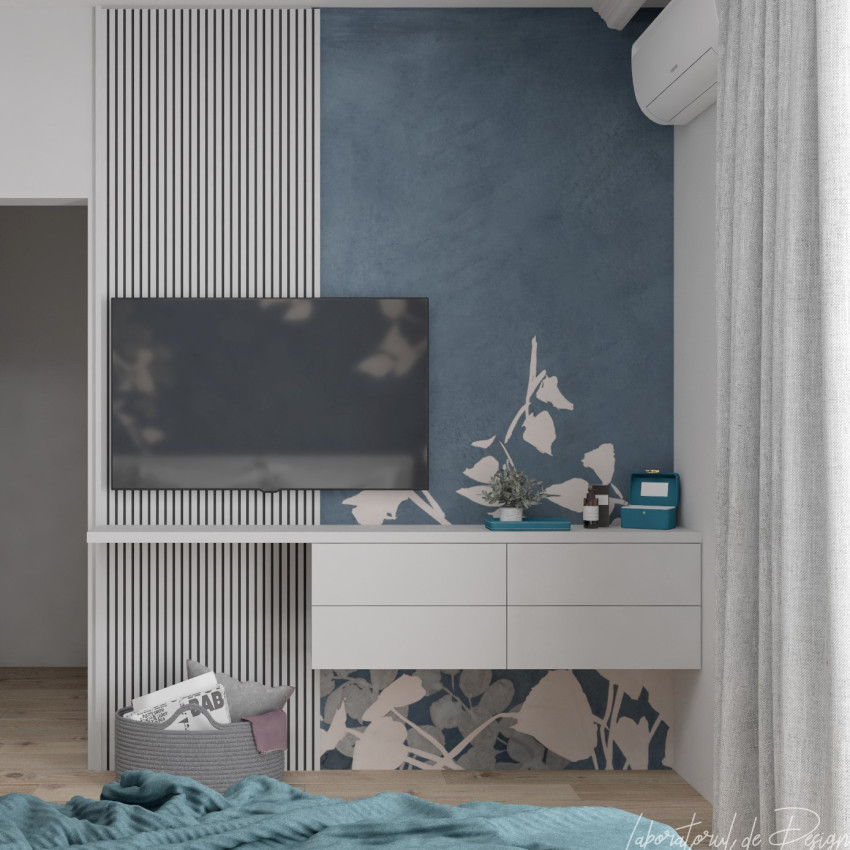 Tapet cu design minimalist, cu frunze albe pe un fundal albastru închis.