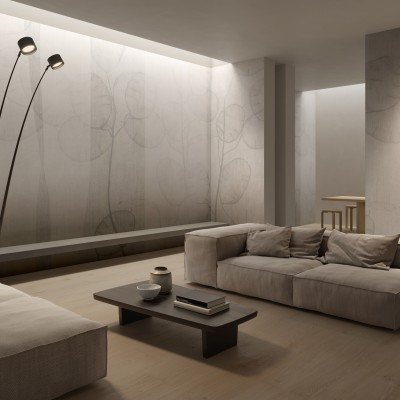 Tapet de perete Eterea, varianta 1, cu un design minimalist, ce prezintă ramuri delicate și frunze.