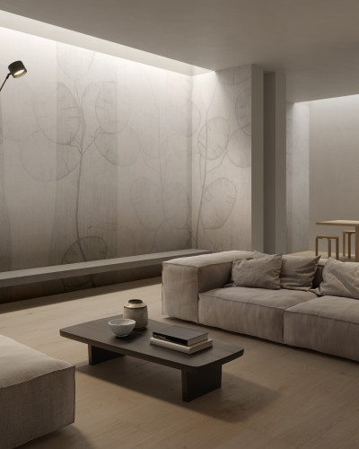 Tapet de perete Eterea, varianta 1, cu un design minimalist, ce prezintă ramuri delicate și frunze.