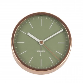 Ceas cu alarmă MInimal verde cu ramă de nuanța cuprului, Karlsson