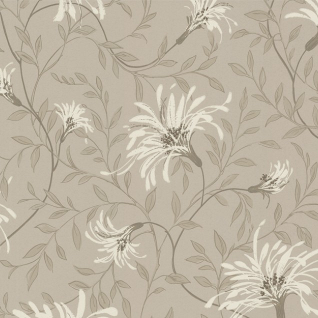 Tapet floral cu flori albe delicate pe un fundal crem.