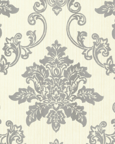 Tapet Silver Luxury Damask cu motive damasc fine, de culoare argintie, pe un fond crem.