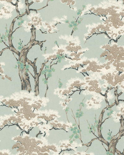 Tapet cu model Chinoiserie in nuante de verde-albastrui si maro