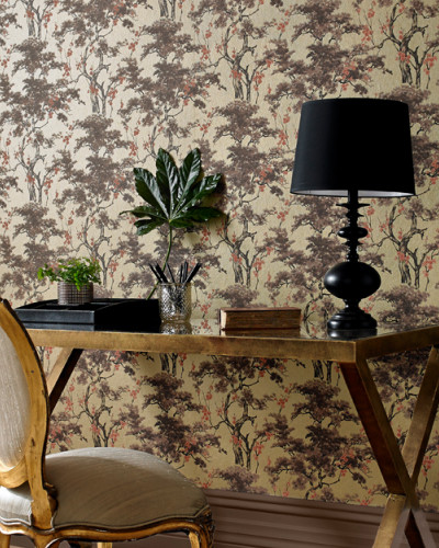 Tapet cu design chinoiserie și detalii aurii metalice