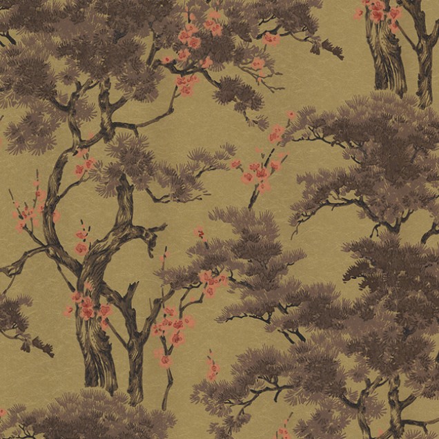 Tapet cu design chinoiserie și detalii aurii metalice