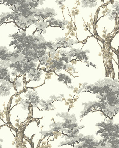 Tapet cu design elegant si sofisticat, inspirat de arta chinoiserie, cu copaci gri si flori pe fond alb.