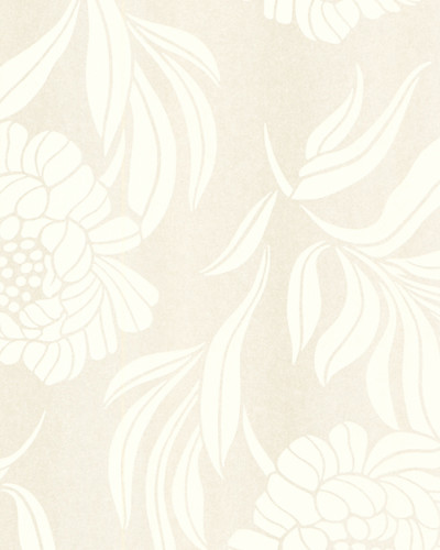 Tapet floral cu flori albe delicate si frunze subtile pe un fond crem