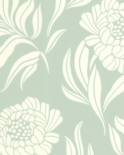 Tapet floral elegant, cu flori mari albe pe un fundal bleu deschis.
