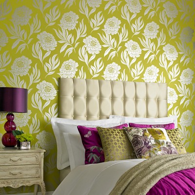 Tapet floral elegant, in nuante de verde lime si argintiu.