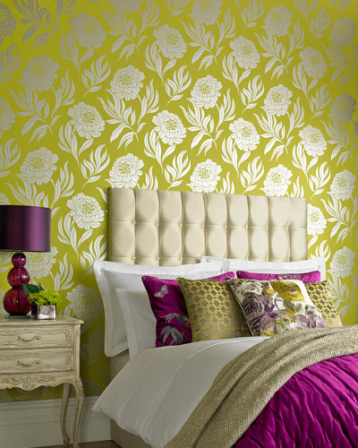Tapet floral elegant, in nuante de verde lime si argintiu.
