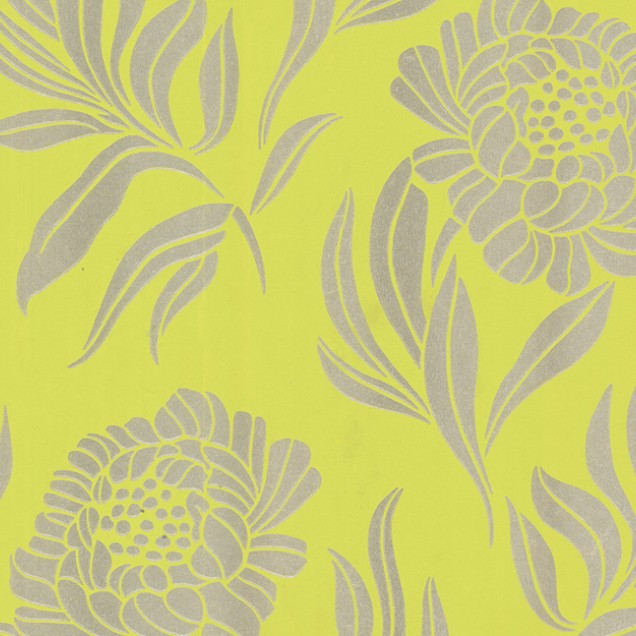 Tapet floral elegant, in nuante de verde lime si argintiu.