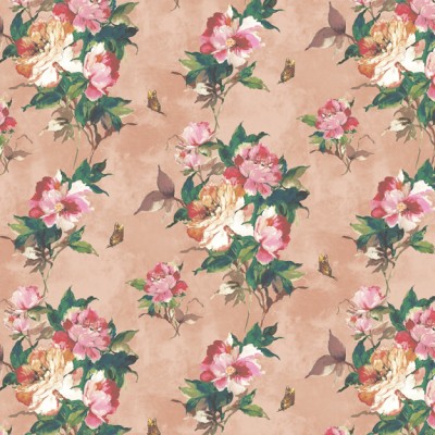 Tapet floral cu flori roz și albe delicate pe un fundal piersică delicat, cu fluturi grațioși
