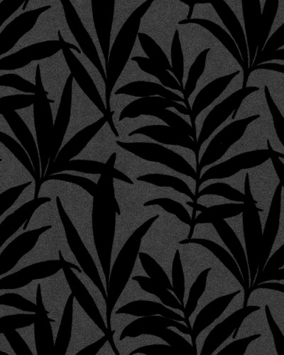 Tapet Verdi Ebony Black Luxury Flock, cu aspect de catifea, cu un design elegant si modern, cu frunze negre pe un fundal gri antracit.