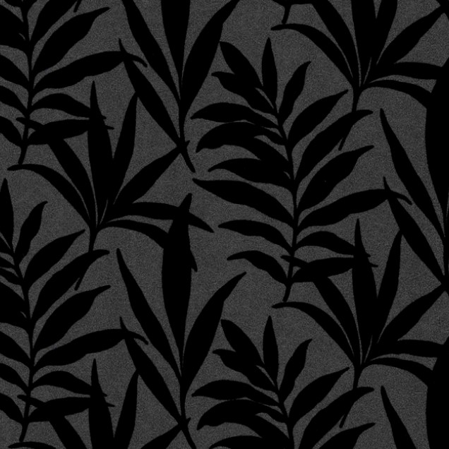 Tapet Verdi Ebony Black Luxury Flock, cu aspect de catifea, cu un design elegant si modern, cu frunze negre pe un fundal gri antracit.