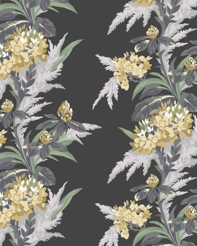Tapet floral cu flori galbene și verzi delicate pe fond negru. Design modern și luxos.