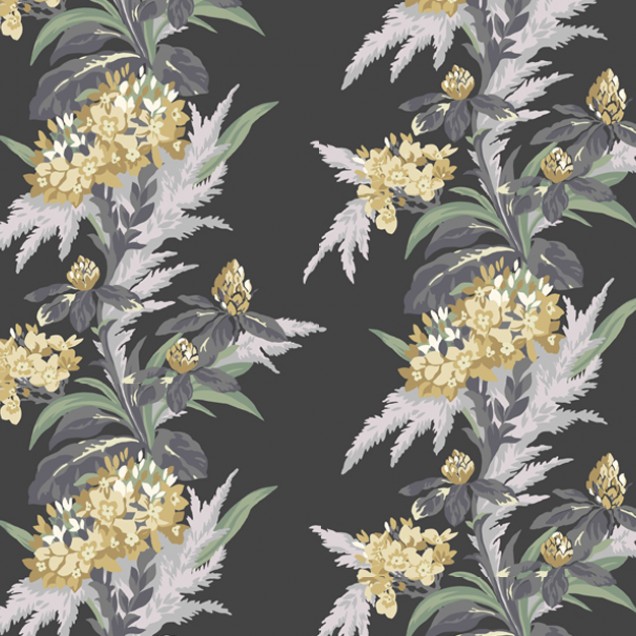 Tapet floral cu flori galbene și verzi delicate pe fond negru. Design modern și luxos.