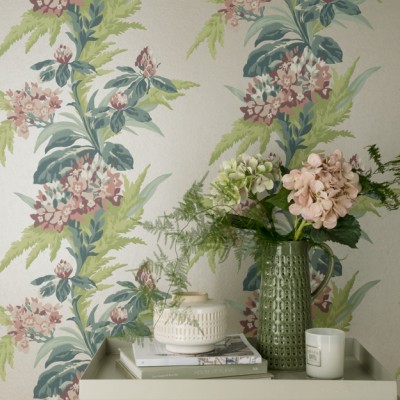Tapet cu flori roz și verde mușchi, design elegant pentru living sau dormitor