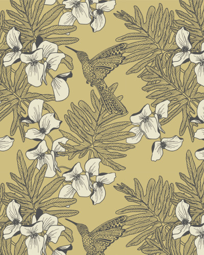 Tapet cu colibri eleganti, mustar galben, decor minimalist