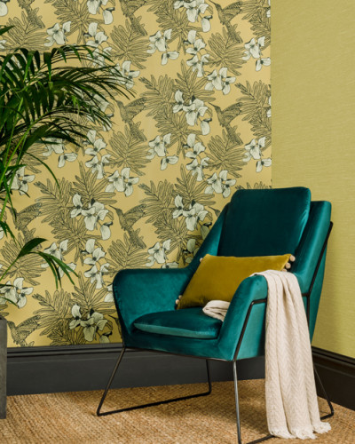 Tapet cu colibri eleganti, mustar galben, decor minimalist