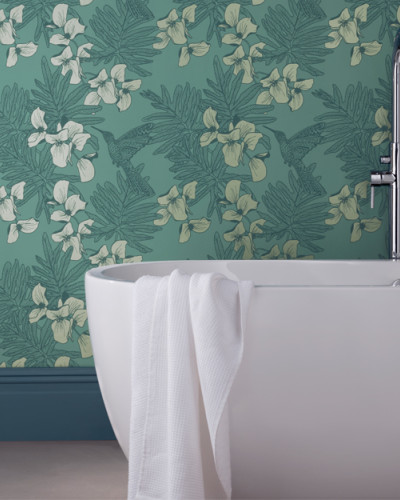 Tapet cu colibri si flori, in nuante de verde turcoaz