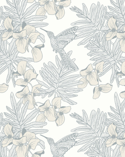 Tapet floral cu colibri gri