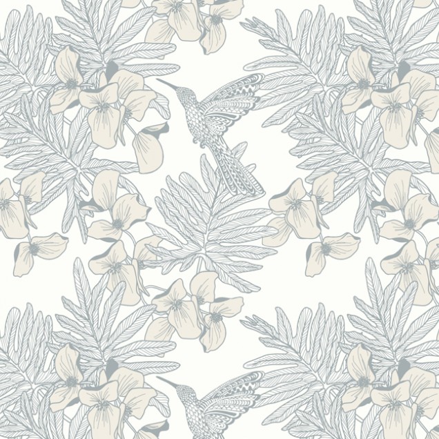 Tapet floral cu colibri gri
