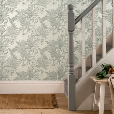 Tapet floral cu colibri gri