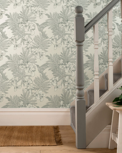 Tapet floral cu colibri gri