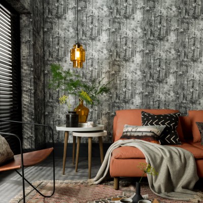 Tapet cu aspect de pădure de lux, Jet Black Luxury Tree, cu nuanțe de gri închis și accente de alb, perfect pentru un living, dormitor sau birou.