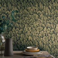 Tapet Tranquil, Jet Black and Gold Foil Luxury Feather, 1838 Wallcoverings, 5.3mp / rola