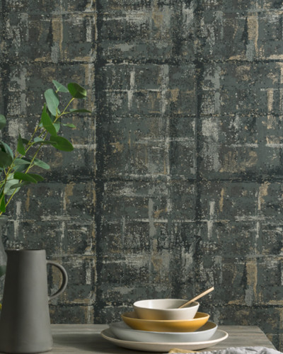 Tapet texturat gri închis, cu aspect de beton brut. Design industrial modern.
