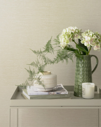 Tapet Raffia, Pearl Cream Luxury Plain, cu un aspect elegant de rafie, finisaj mat si culoare crem perla.