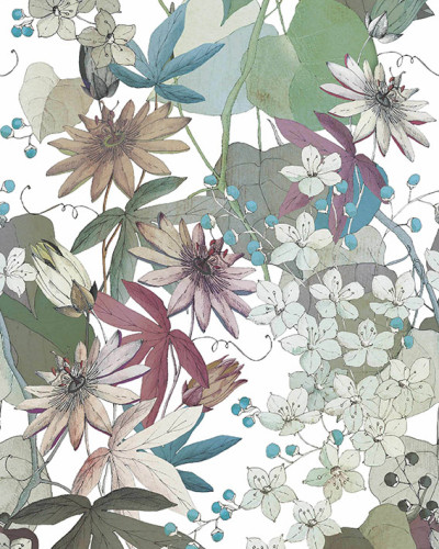 Tapet floral Clematis cu un design elegant in tonuri neutre de toamna.