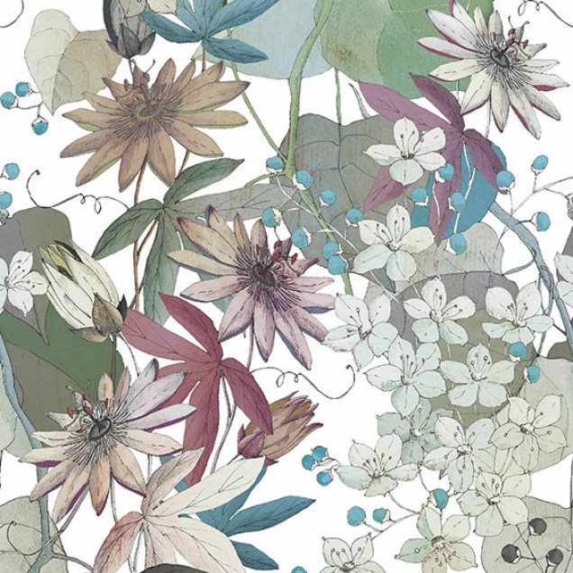 Tapet floral Clematis cu un design elegant in tonuri neutre de toamna.
