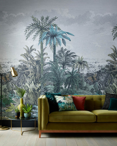 Tapet tropical cu palmieri, verde smarald