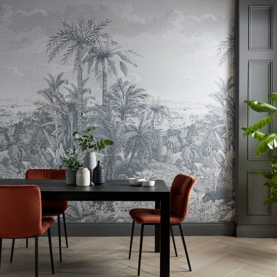 Tapet cu design tropical monocrom, Paradise Found, Monochrome Luxury Tropical